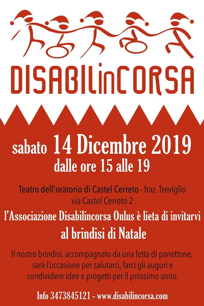locandina del brindisi di Natale organizzato da Disabilincorsa, il 14 dicembre a Castel Cerreto
